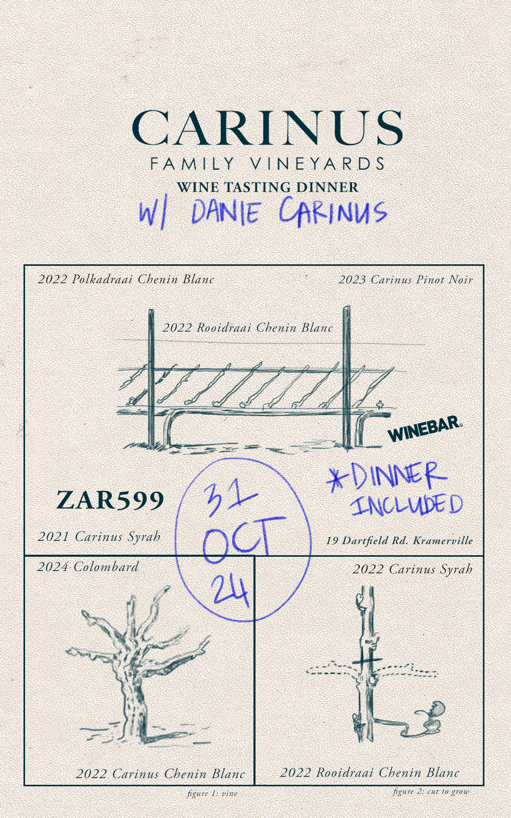 Carinus Family Vineyards Tasting & Dinner – Thurs 31 Oct